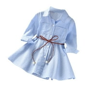 3-10Y Toddler Girl's Shirt Dress Striped Button Down Collar Long Sleeve Belted Tunic Dress Casual Clothes Light Blue